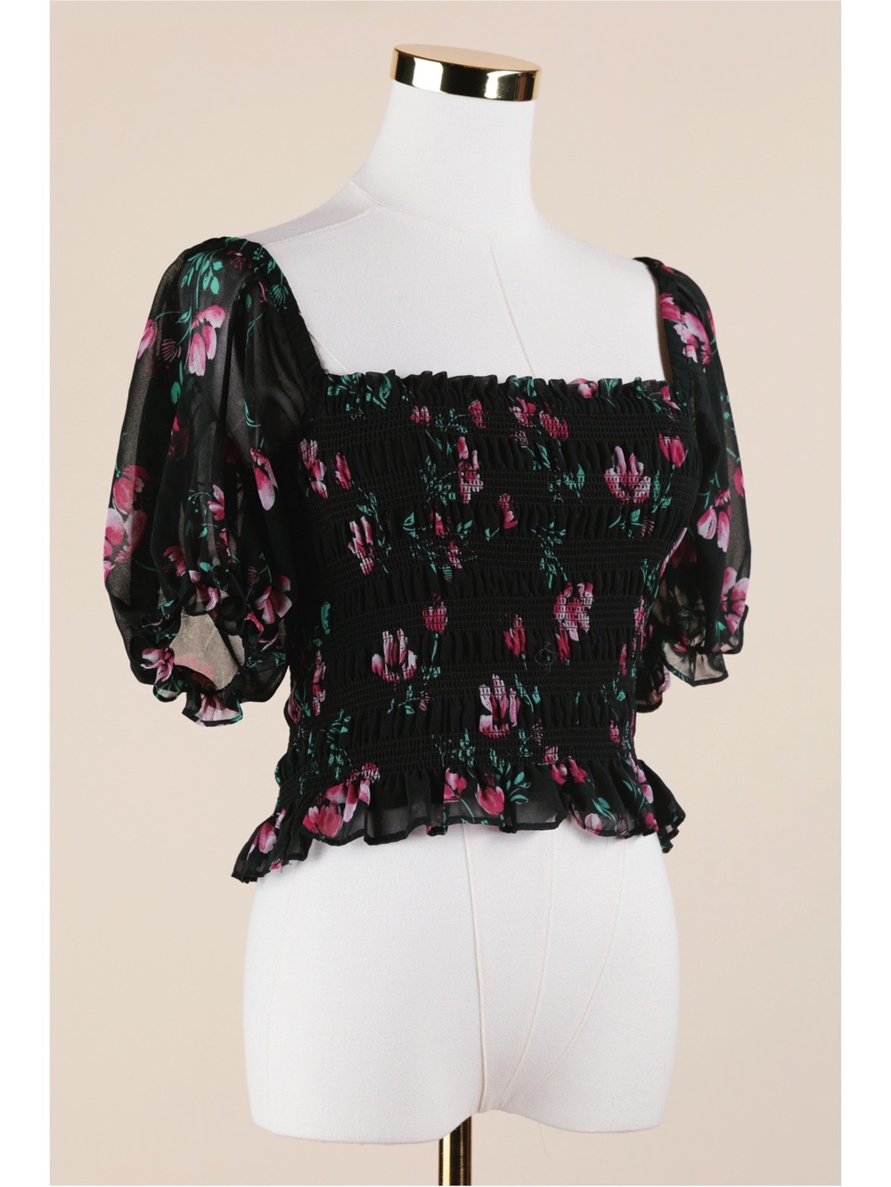 Sz XS WAYF Whimsigoth Black Chiffon Floral Smocked Balloon Sleeve Crop Top EUC